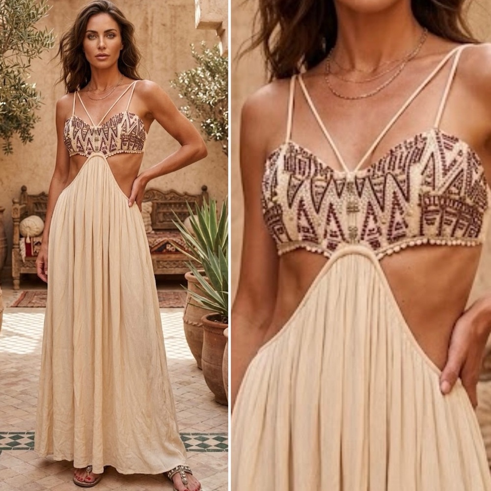 NEW INDAH BEADED EMBROIDERED CUT OUT BALI BOHO CHIC MAXI DRESS STUNNING RARE ⚡️